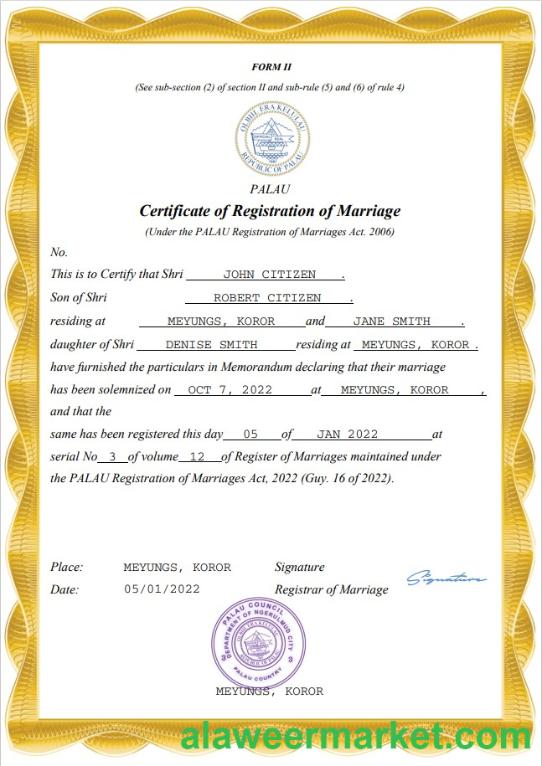 Palau marriage certificate Word and PDF template